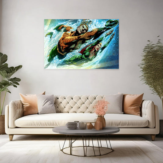 Aquaman Canvas Print Art Prints - DC Comics Superhero Decor Prints - Epic Ocean King Wall Art Prints - Underwater Scene Artwork for Home